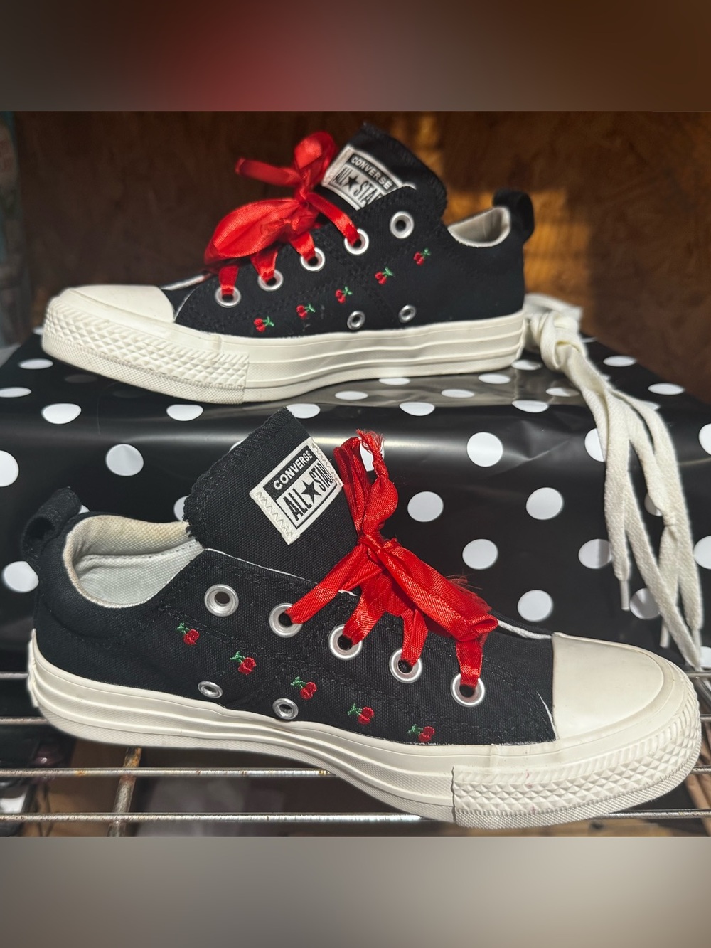 Converse Black Low-Top Sneakers with Red Cherry Embroidery and Red Ribbon Laces